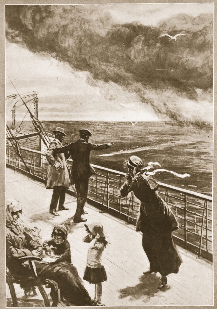 Morderstwo na pełnym morzu: Pierwsze spojrzenie na torpedę (litografia) autorstwa Philip Dadd