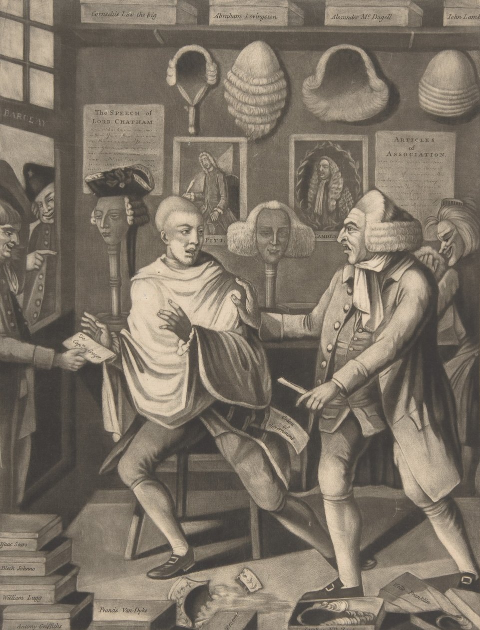 Patriotyczny fryzjer z Nowego Jorku, czyli Kapitan w Suds, 14 lutego 1775. autorstwa Philip Dawe.