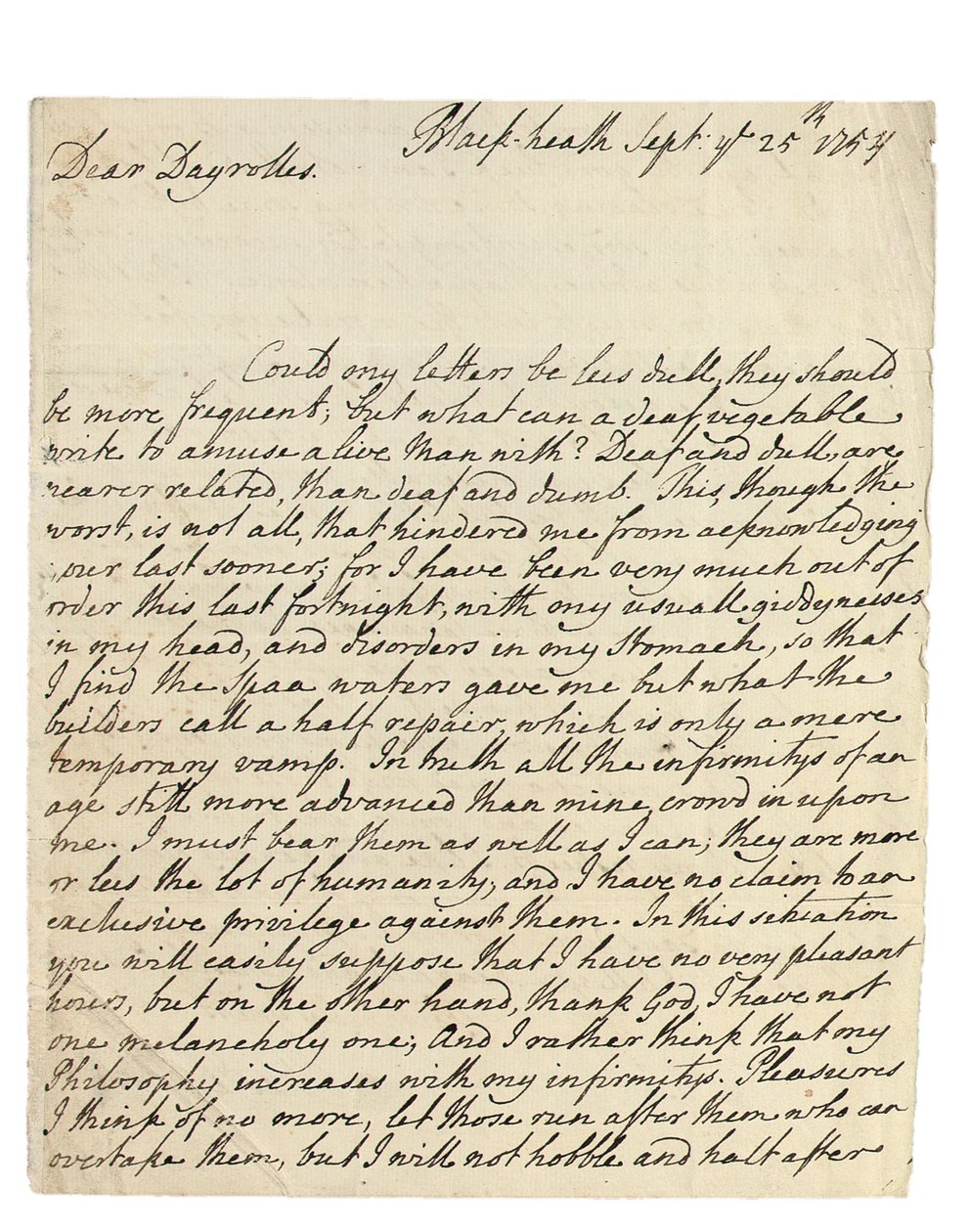 Autograf listu do Solomona Dayrollesa, Blackheath, 25 września 1754 (pióro i atrament na papierze) autorstwa Philip Dormer Stanhope Chesterfield