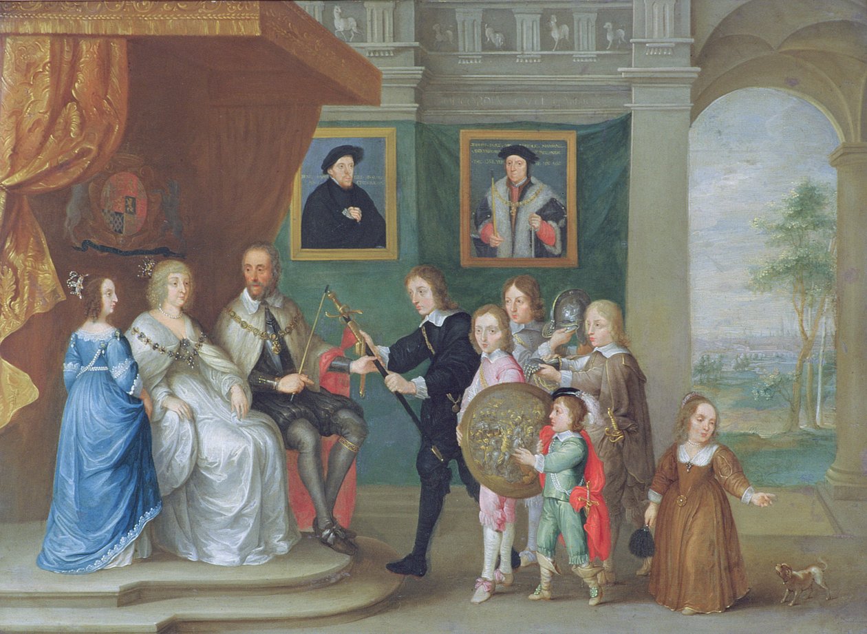 Thomas Howard, 14. hrabia Arundel otrzymuje od swoich dzieci broń z okazji powołania go na dowódcę armii przeciwko Szkocji w 1639 r. (olej na miedzi) autorstwa Philip Fruytiers
