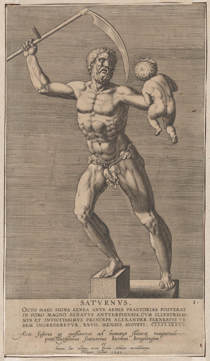 Ilustracja 1: Saturn, posąg nagiego boga stojącego na cokole, trzymającego w prawej ręce kosę..., 1586. autorstwa Philip Galle