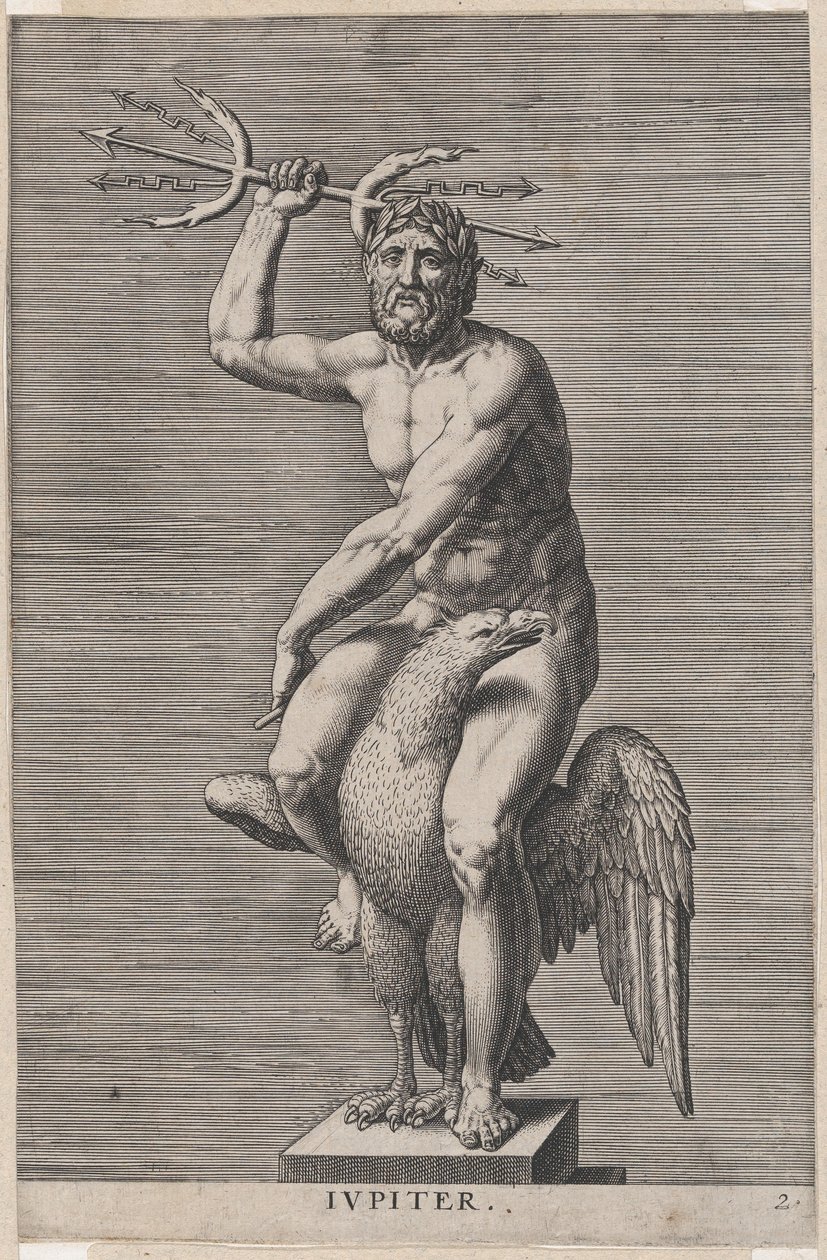 Ilustracja 2: Jowisz, posąg nagiego boga siedzącego na orle, trzymającego podwójny trójząb, od..., 1586. autorstwa Philip Galle