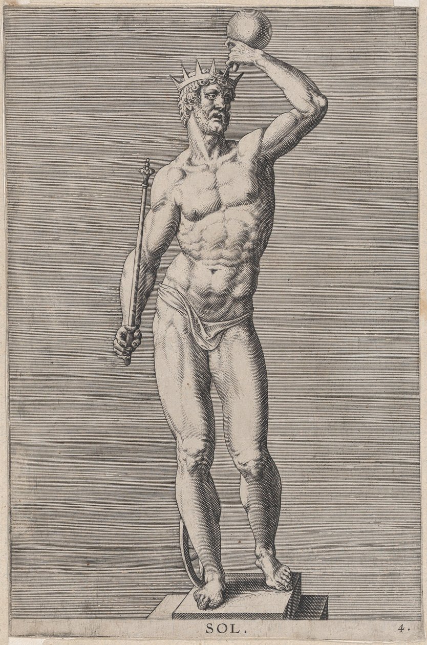 Ilustracja 4: Apollo, posąg nagiego boga stojącego na cokole, noszącego koronę i trzymającego..., 1586. autorstwa Philip Galle