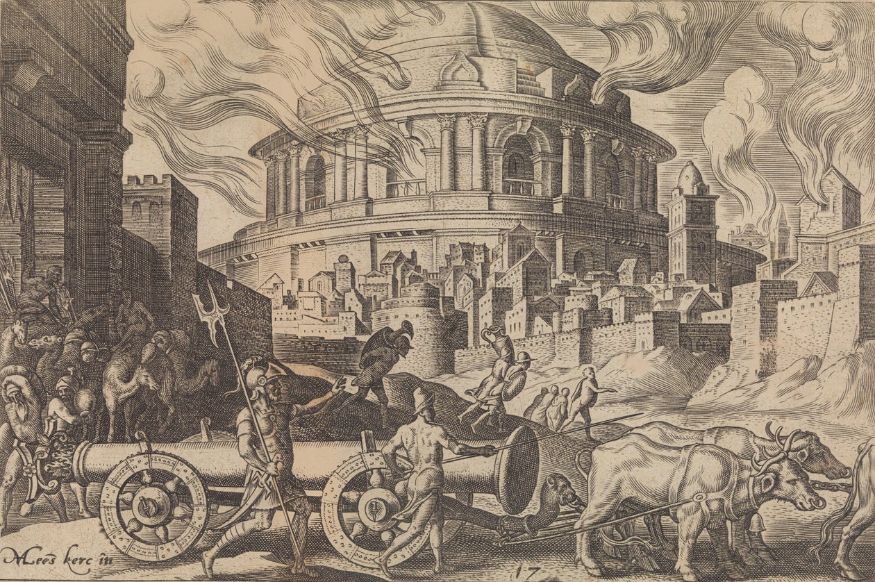 Chaldejczycy zabierający filary Świątyni Jerozolimskiej, z Katastrofy ..., 1569. autorstwa Philip Galle