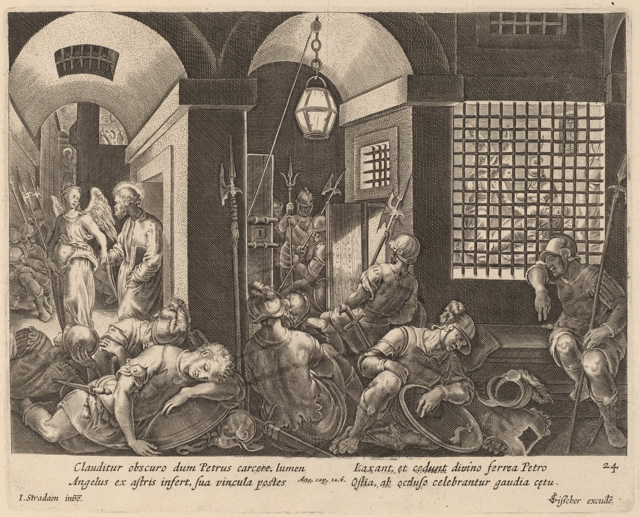 Święty Piotr uwolniony z więzienia przez anioła autorstwa Philip Galle after Jan van der Straet
