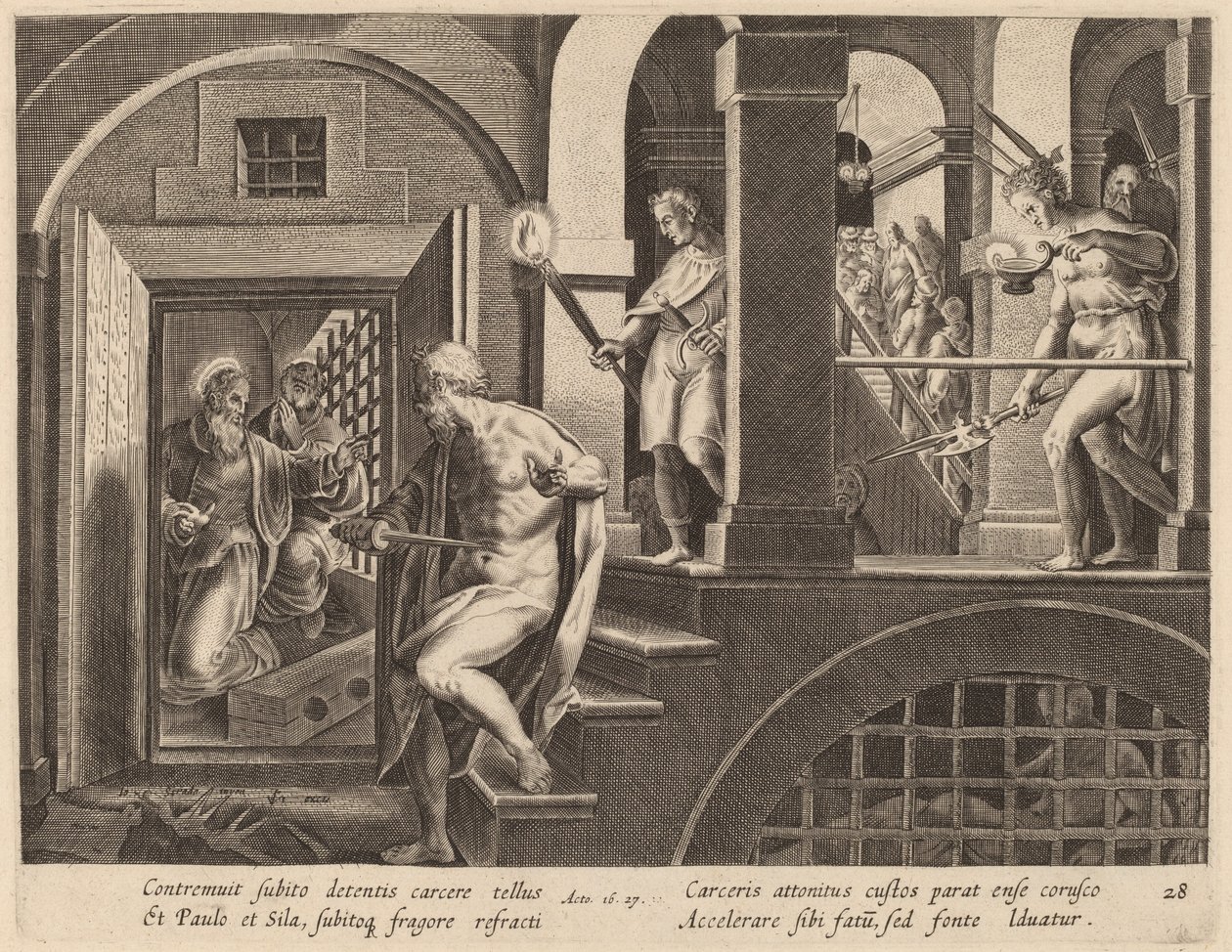 Strażnik więzienny, który ma się zabić, nawrócony przez św. Pawła autorstwa Philip Galle after Jan van der Straet