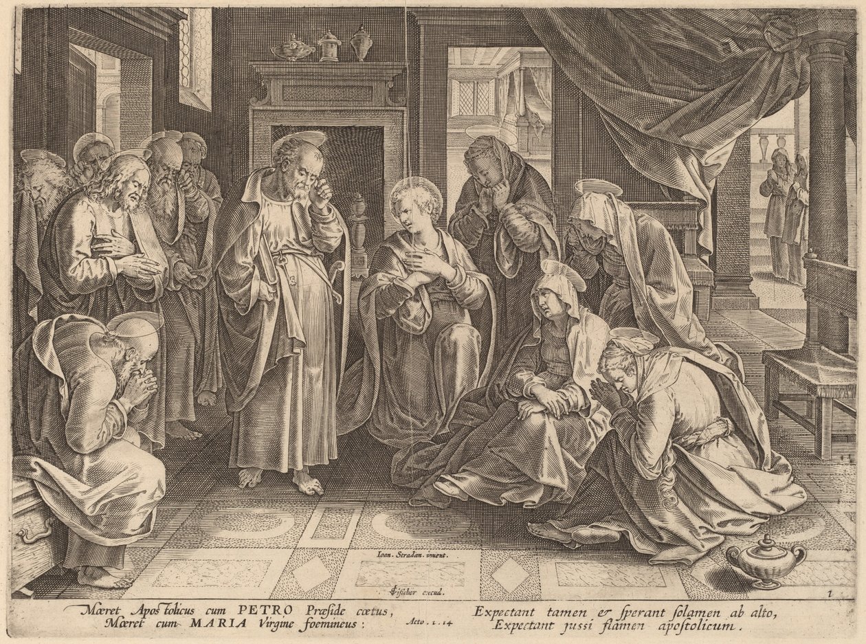 Spotkanie Apostołów i Kobiet w Wieczerniku autorstwa Philip Galle after Jan van der Straet