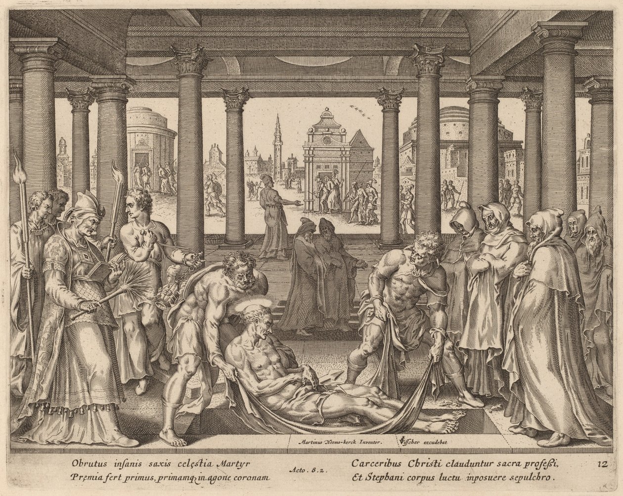 Pobożni mężczyźni niosący św. Szczepana na jego pogrzeb autorstwa Philip Galle after Maerten van Heemskerck