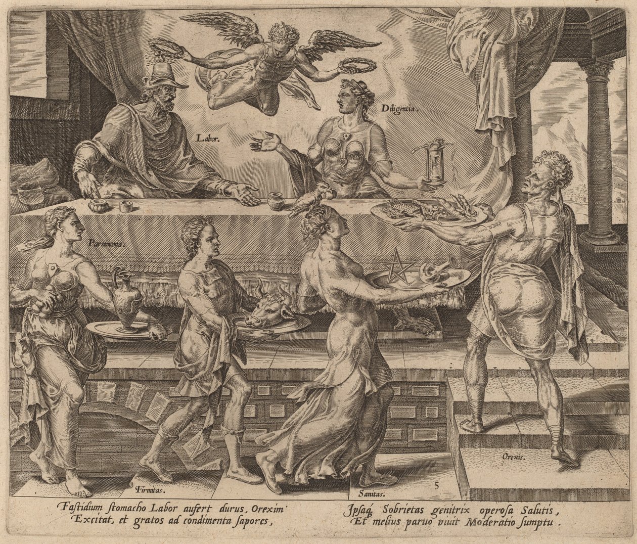 Praca i pracowitość cieszenie się prostym posiłkiem autorstwa Philip Galle after Maerten van Heemskerck