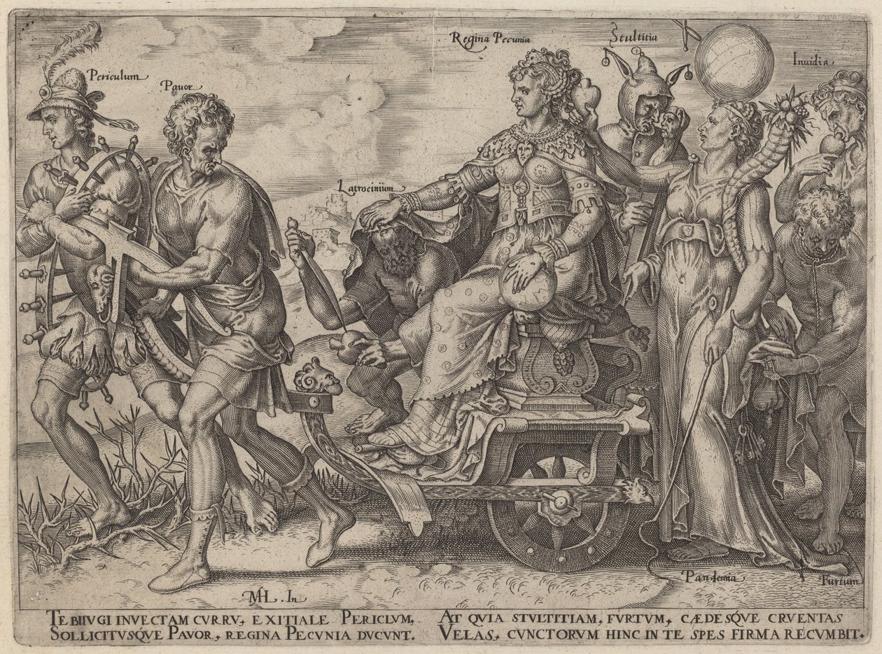 Niebezpieczeństwo, bieda, rabunek, królowa pieniędzy, szaleństwo, zawiść (zagrożenia i wady towarzyszące bogactwu) autorstwa Philip Galle, after Maerten van Heemskerck