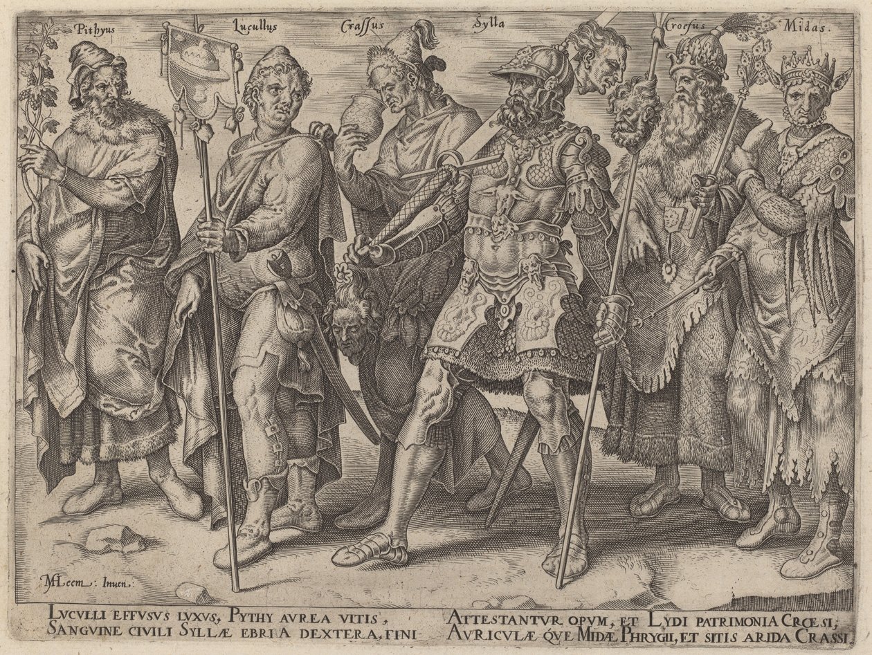 Pythius, Lucullus, Krassus, Sylla, Krezus, Midas (Słynne przykłady bogactwa od starożytności) autorstwa Philip Galle, after Maerten van Heemskerck