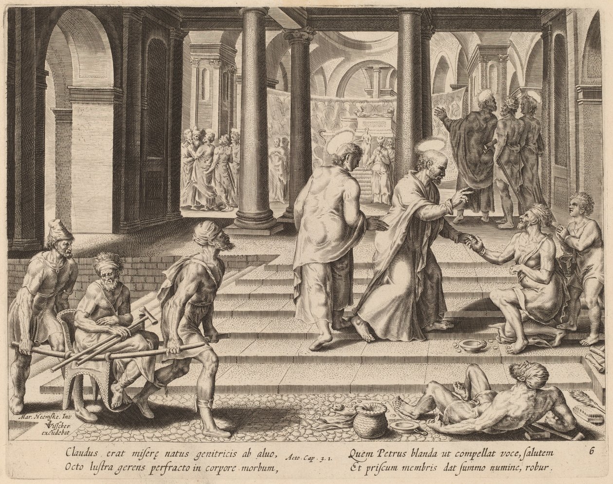 Święci Piotr i Jan uzdrawiają kalekę w bramie świątyni autorstwa Philip Galle after Maerten van Heemskerck