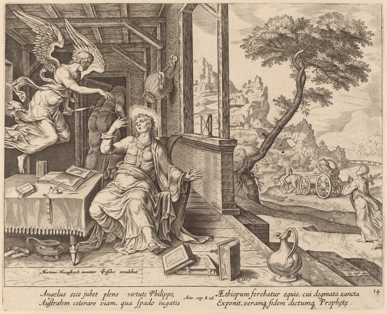 Anioł rozkazuje św. Filipowi towarzyszyć etiopskiemu eunuchowi autorstwa Philip Galle after Maerten van Heemskerck