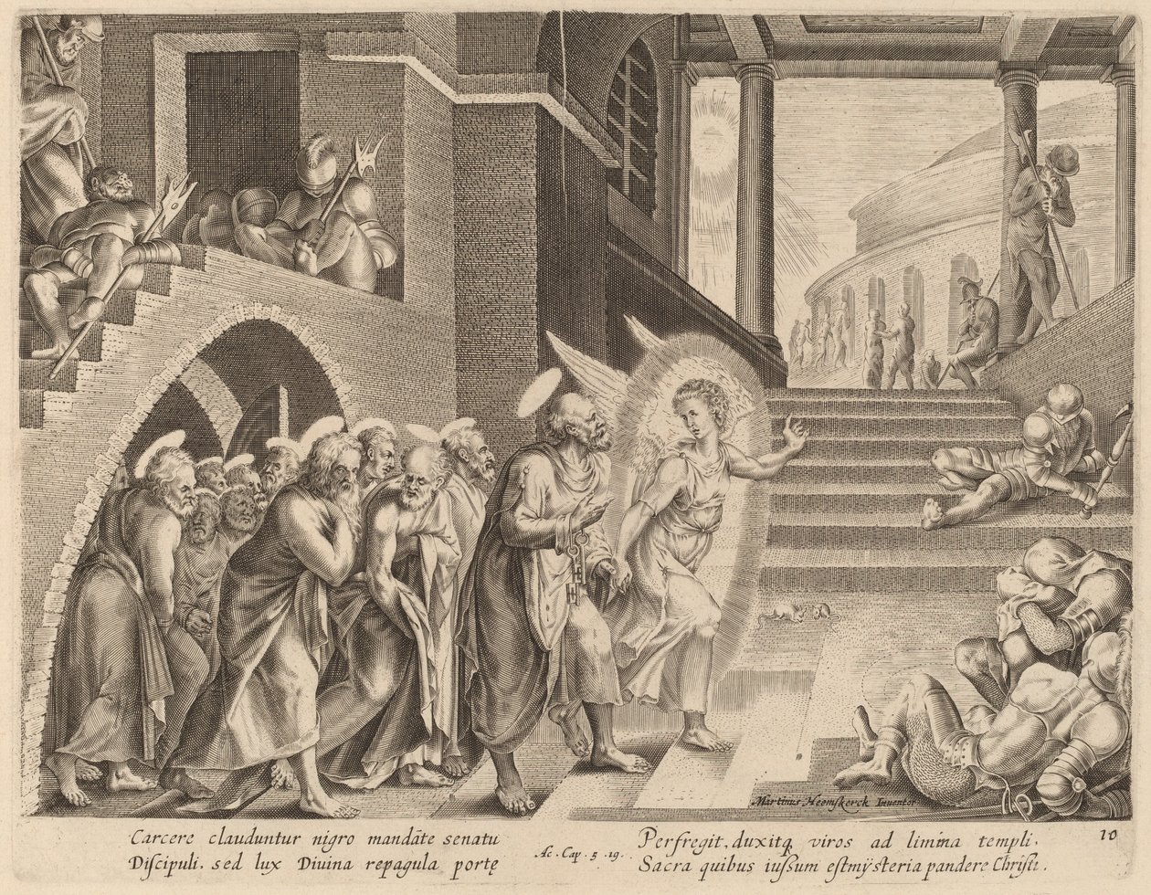 Apostołowie uwolnieni z więzienia przez anioła autorstwa Philip Galle after Maerten van Heemskerck