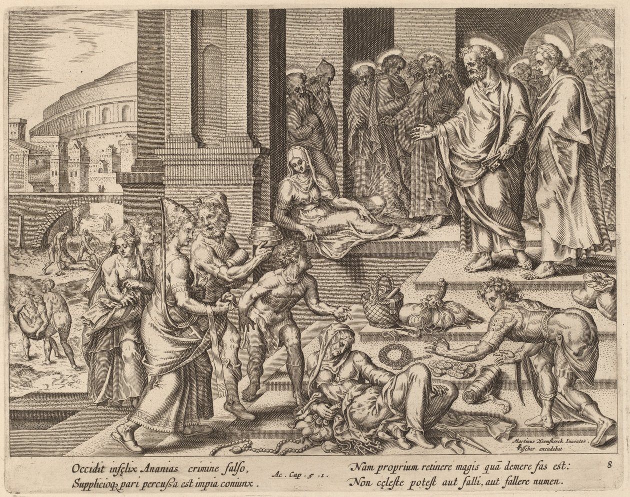 Śmierć Ananiasza i Safiry autorstwa Philip Galle after Maerten van Heemskerck