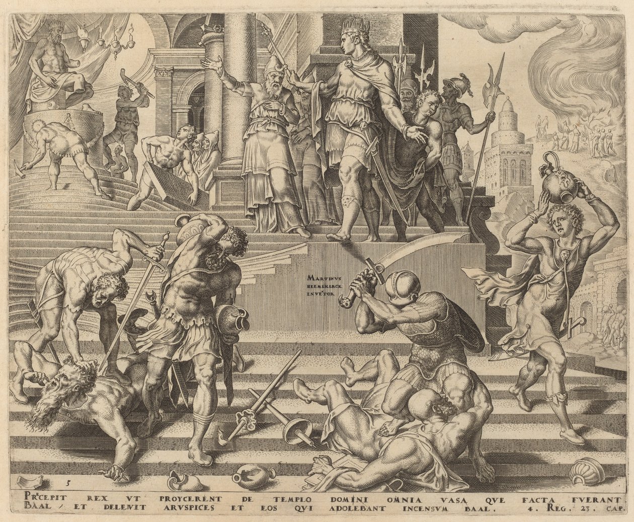 Zniszczenie świątyni Baala i rzeź jego kapłanów autorstwa Philip Galle, after Maerten van Heemskerck