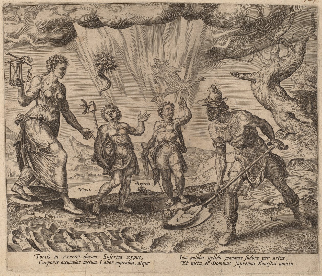 Pan obdarza pracowitego pracownika pożywieniem i odzieżą autorstwa Philip Galle after Maerten van Heemskerck