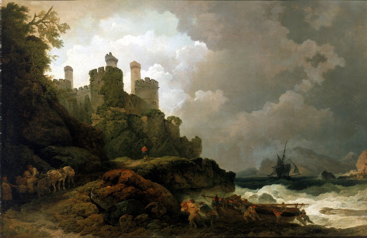 Łódź rybacka wyciągnięta na brzeg w pobliżu zamku Conwy (Walia). Olej na płótnie, około 1800 roku, Philippe-Jacques (Philippe Jacques) de Loutherbourg (1740-1812). autorstwa Philip James de (1740 1812) Loutherbourg
