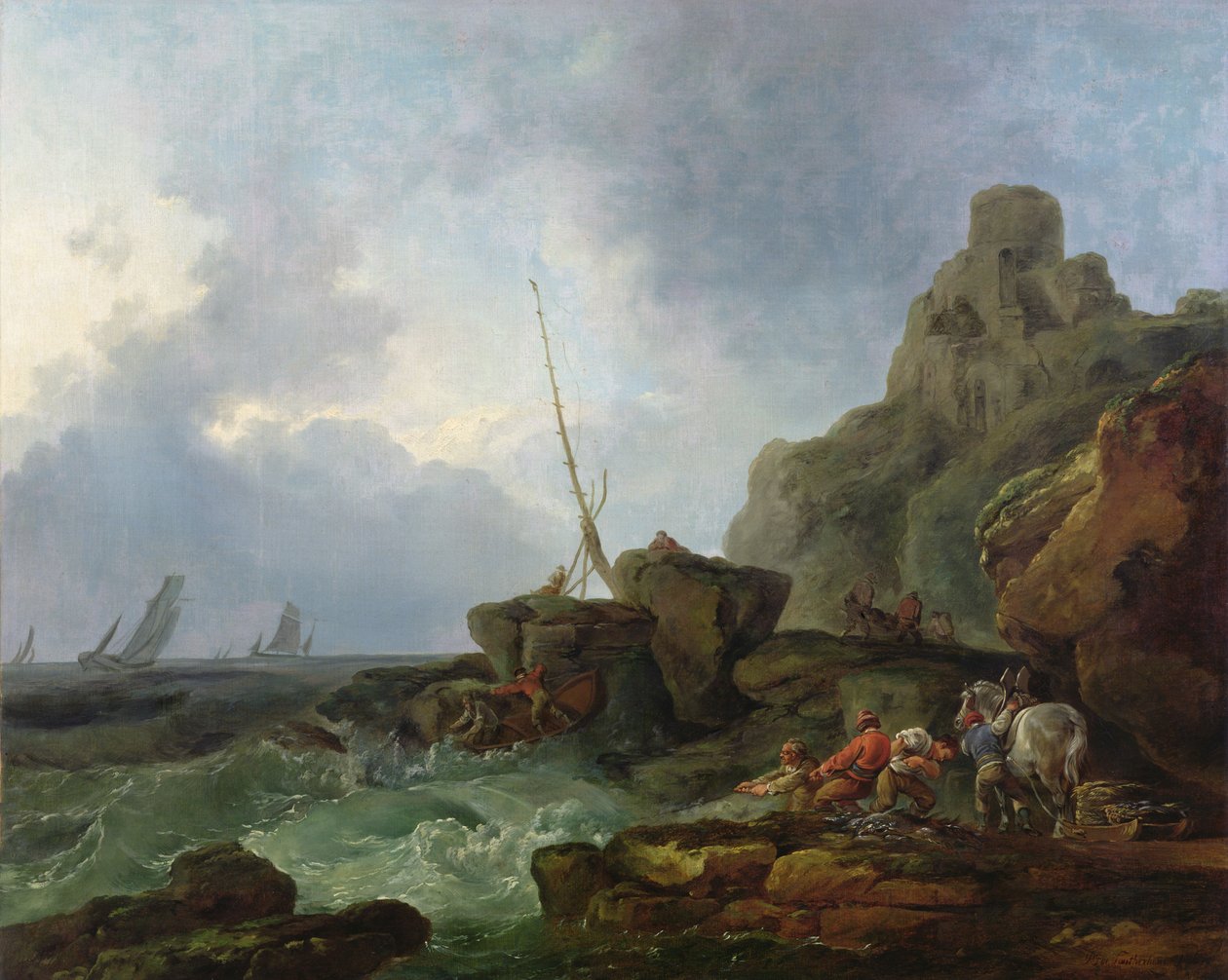 Wreckers (rybacy wyciągający sieci na wzburzonym morzu) autorstwa Philip James de Loutherbourg