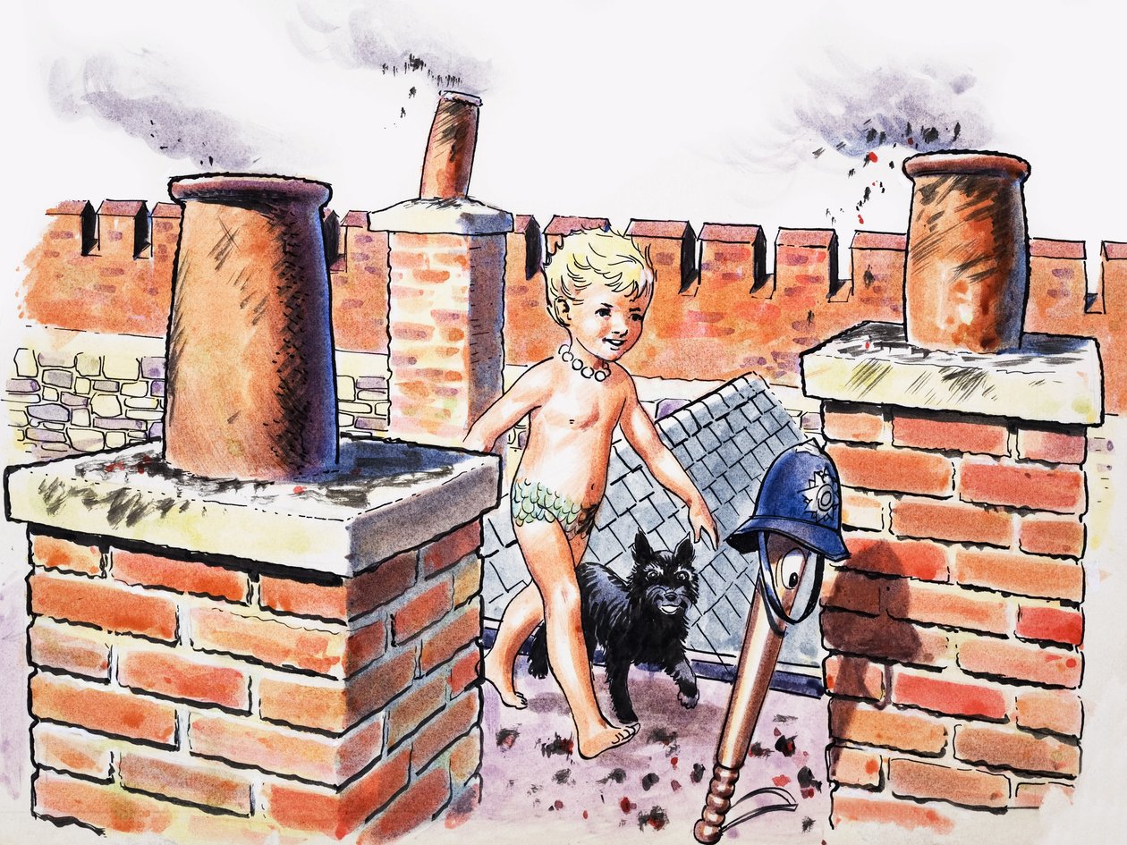 Dziecko na dachu, ilustracja z książki "The Water Babies" Charlesa Kingsleya (gwasz na papierze) autorstwa Philip Mendoza