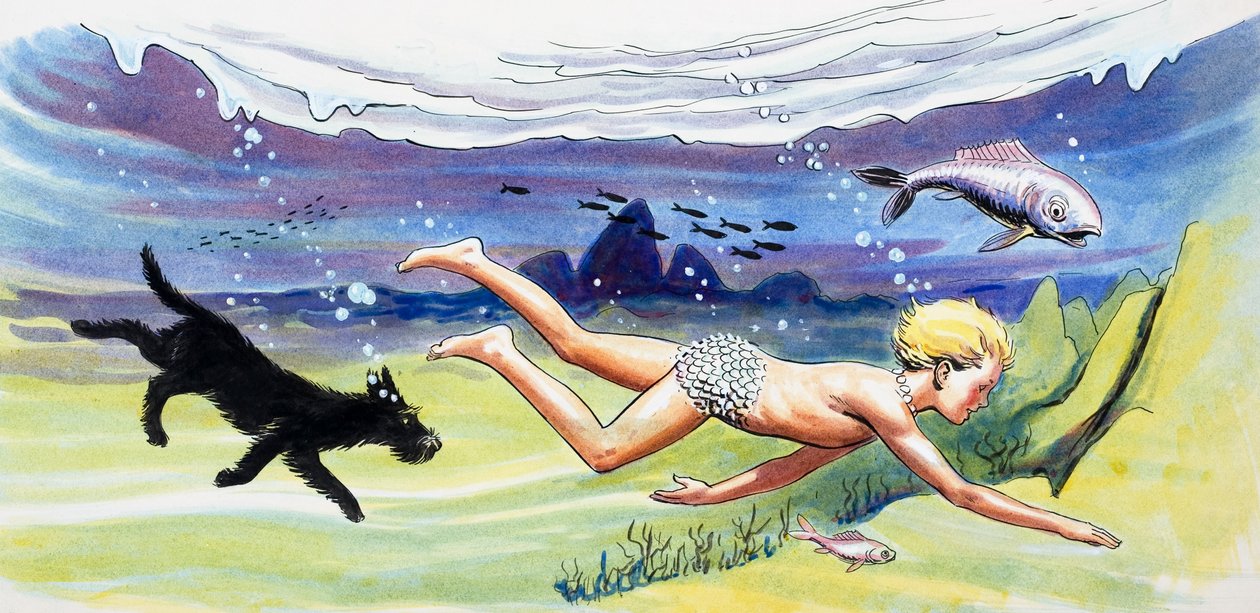 Pływanie z rybami, ilustracja z książki "The Water Babies" autorstwa Charlesa Kingsleya autorstwa Philip Mendoza