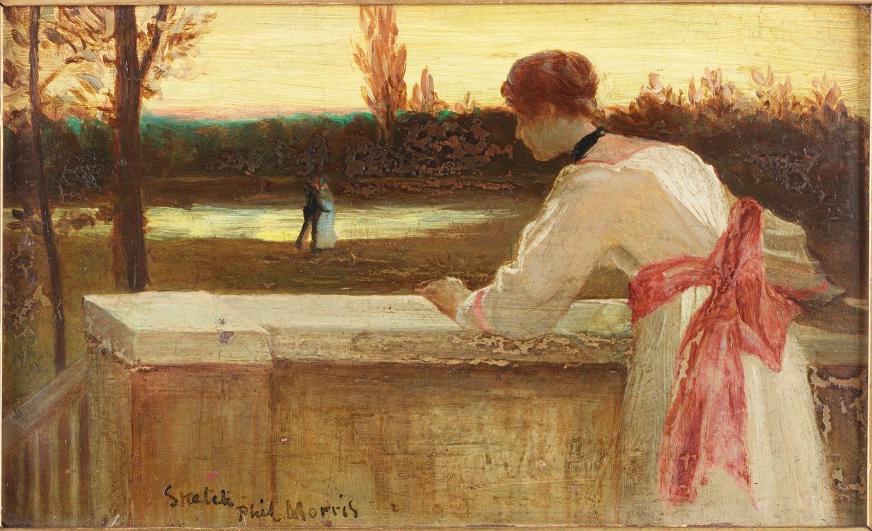 Dziewczyna na balkonie przyglądająca się parze nad jeziorem autorstwa Philip Richard Morris