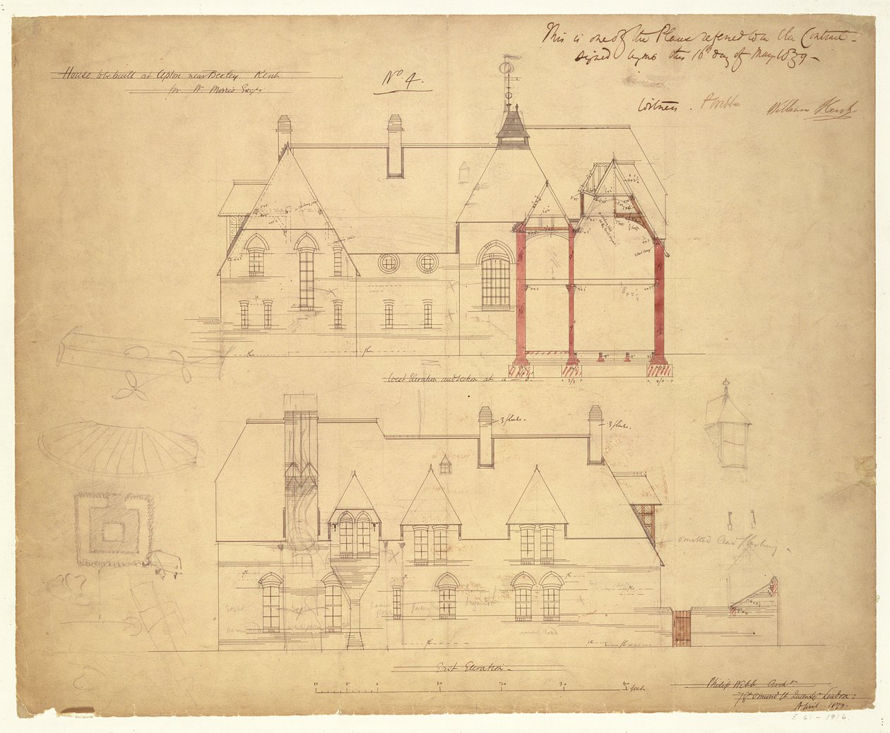 Elewacje dla Czerwonego Domu, Bexleyheath (pióro i atrament i toaleta na papierze) autorstwa Philip Webb