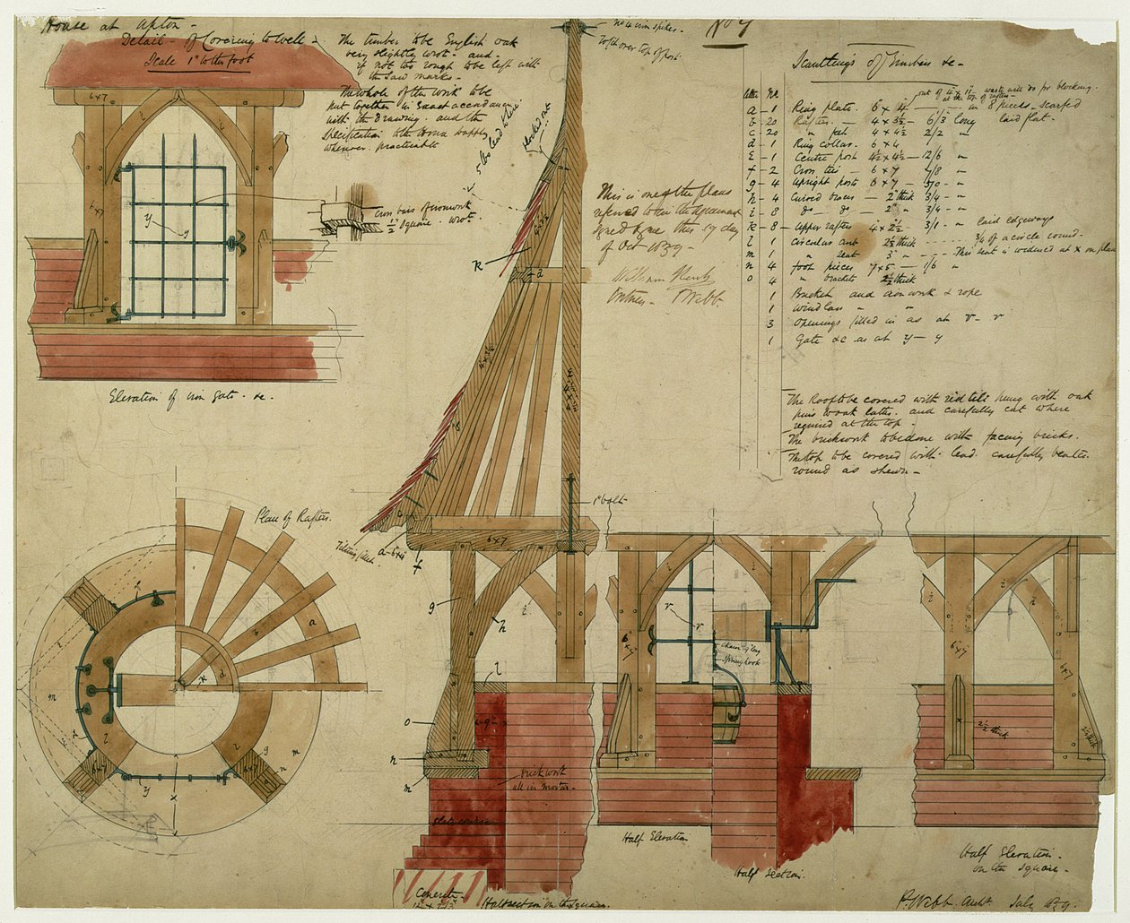 Plany Czerwonego Domu, Bexleyheath (pióro i atrament oraz toaleta na papierze) autorstwa Philip Webb