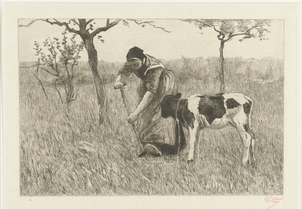 Żona rolnika kopiąca z cielęciem Le veau (tytuł oryginalny) autorstwa Philip Zilcken (signed by artist)