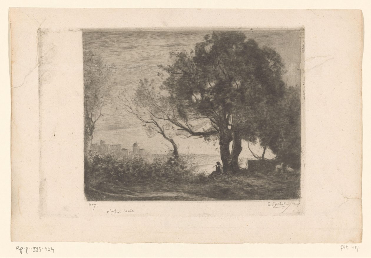 Pejzaż z flecistą pod drzewem i sylwetką miasta Soir (tytuł oryginalny) autorstwa Philip Zilcken (signed by artist)
