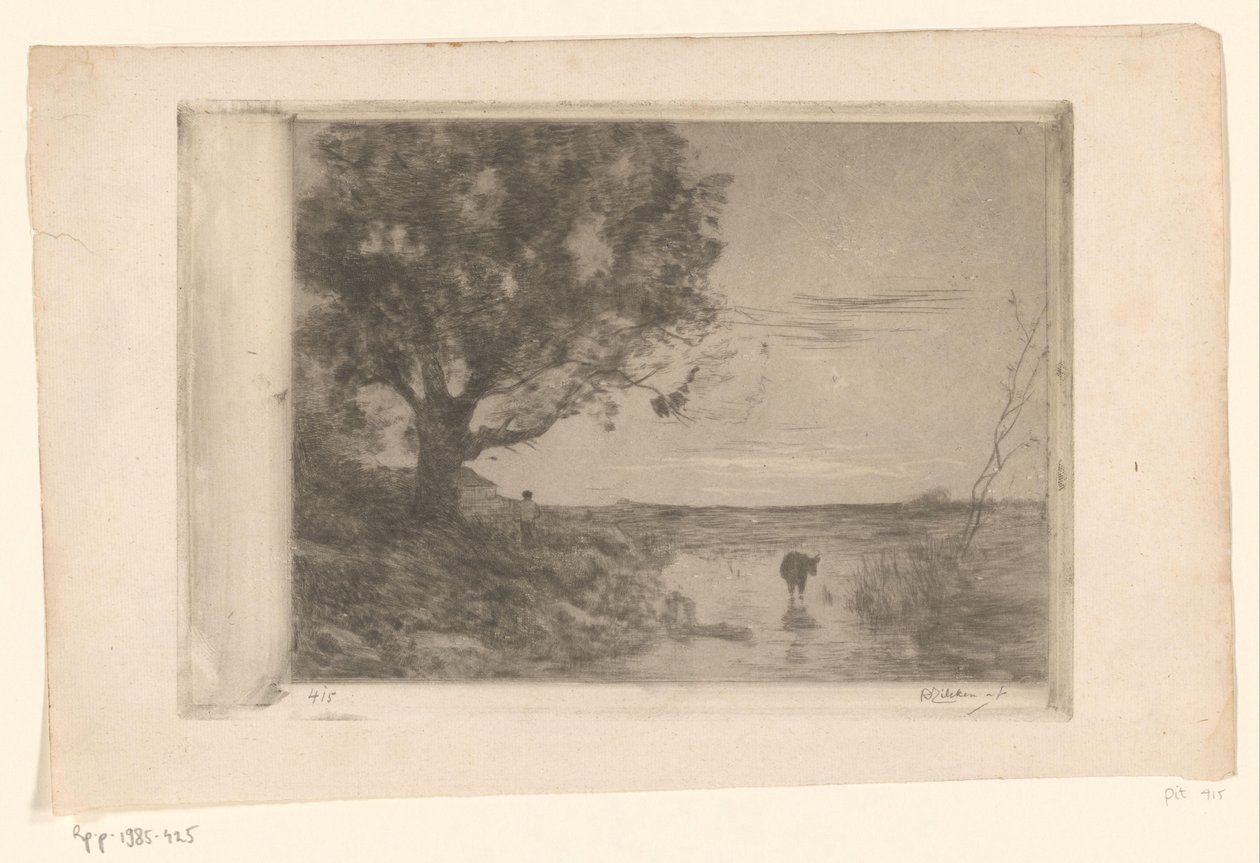 Krajobraz z cielęciem w wodzie i mężczyzną pod drzewem Soir (tytuł oryginalny) autorstwa Philip Zilcken (signed by artist)
