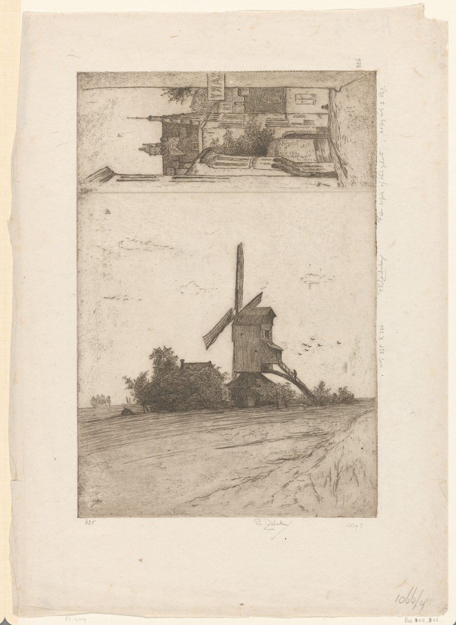 Wiatrak w krajobrazie łąk i widok na Ravensteinstraat w Brukseli Vieux moulin a Laeken / Rue Ravenstein (Bruksela) (tytuł oryginalny) autorstwa Philip Zilcken (signed by artist)