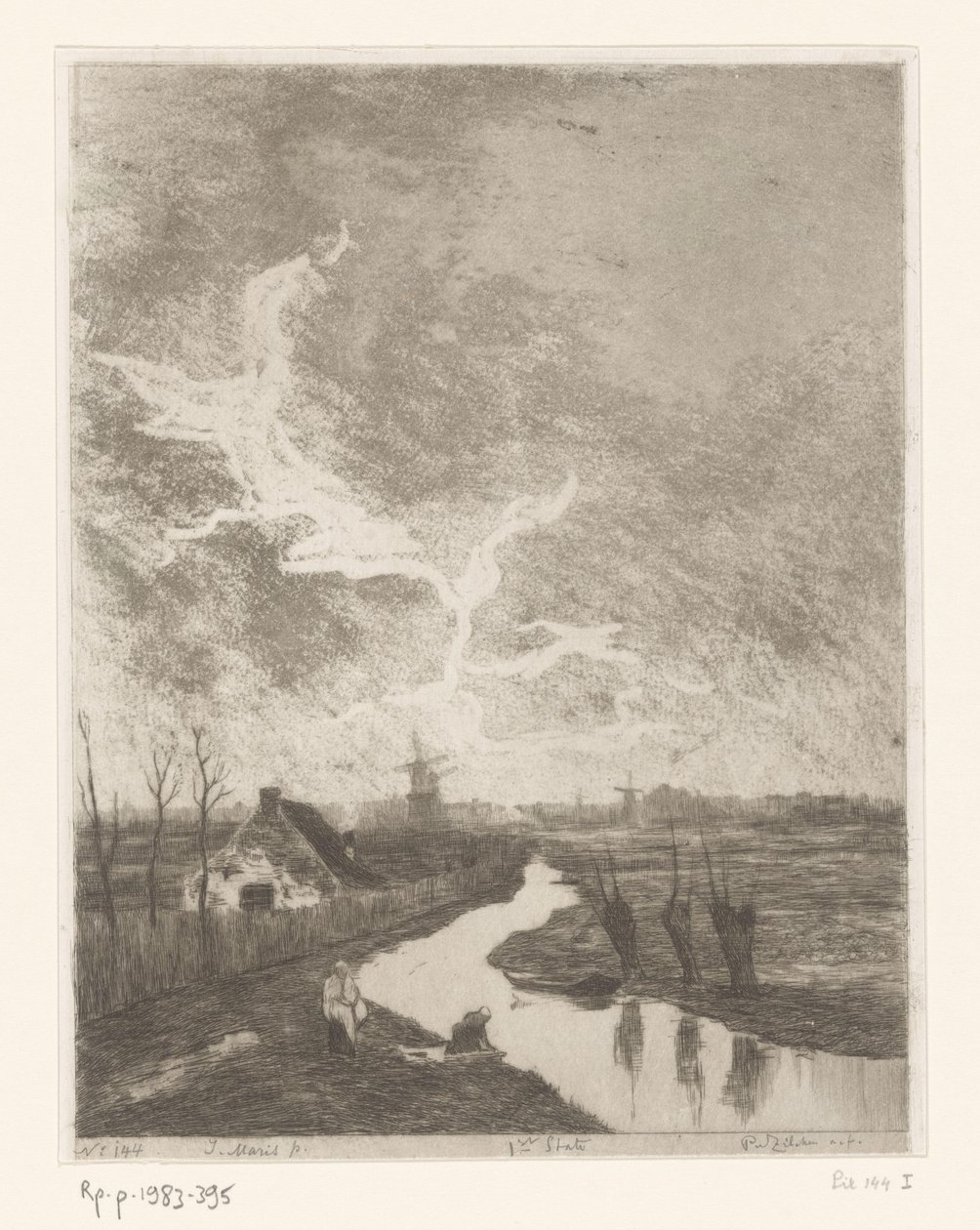 Krajobraz łąkowy z rowem, farmą i młynami Środowiska de La Haye (oryginalny tytuł) autorstwa Philip Zilcken (signed by artist)