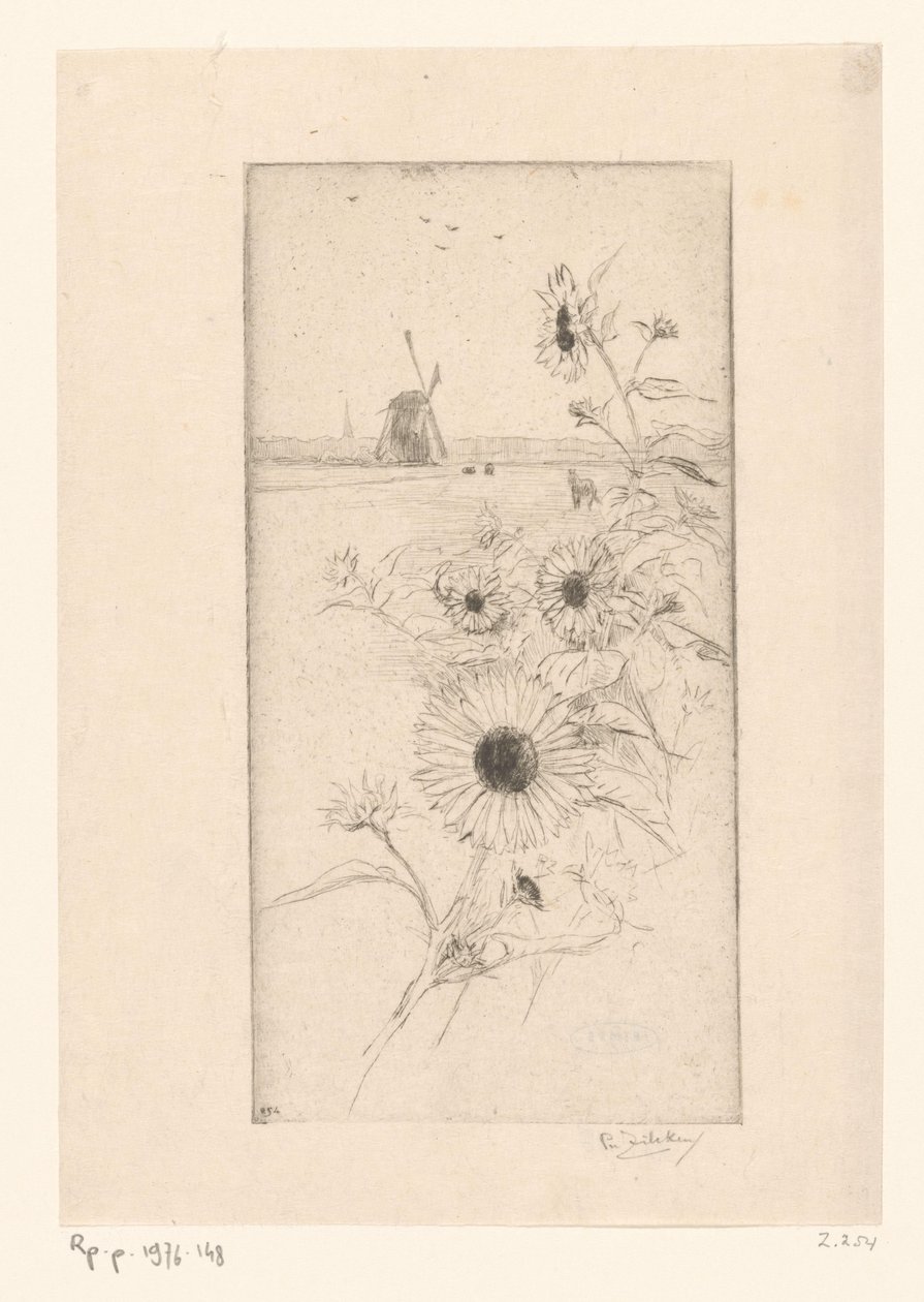 Słoneczniki dla krajobrazu łąkowego z końmi i młynem Euude de tournesols (tytuł oryginalny) autorstwa Philip Zilcken (signed by artist)