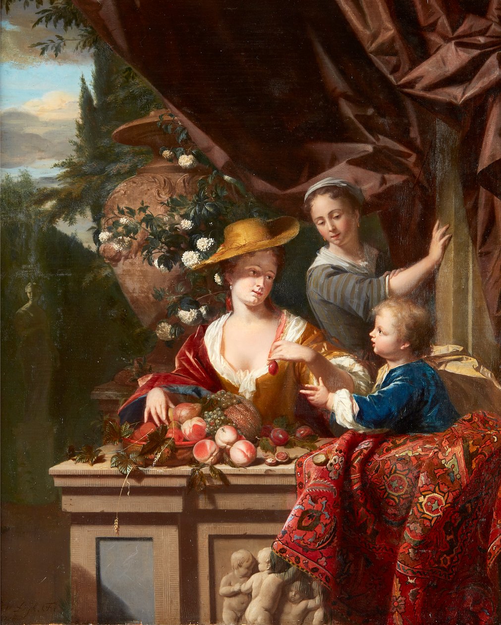 Eleganckie postacie na tarasie z miską różnych owoców (olej na panelu) autorstwa Philip van Dyck