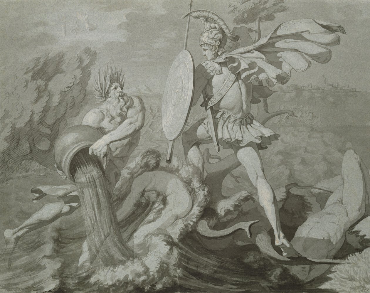 Walka Achillesa z rzeką Skamander (czarny i szary wash na papierze) autorstwa Philipp Otto Runge
