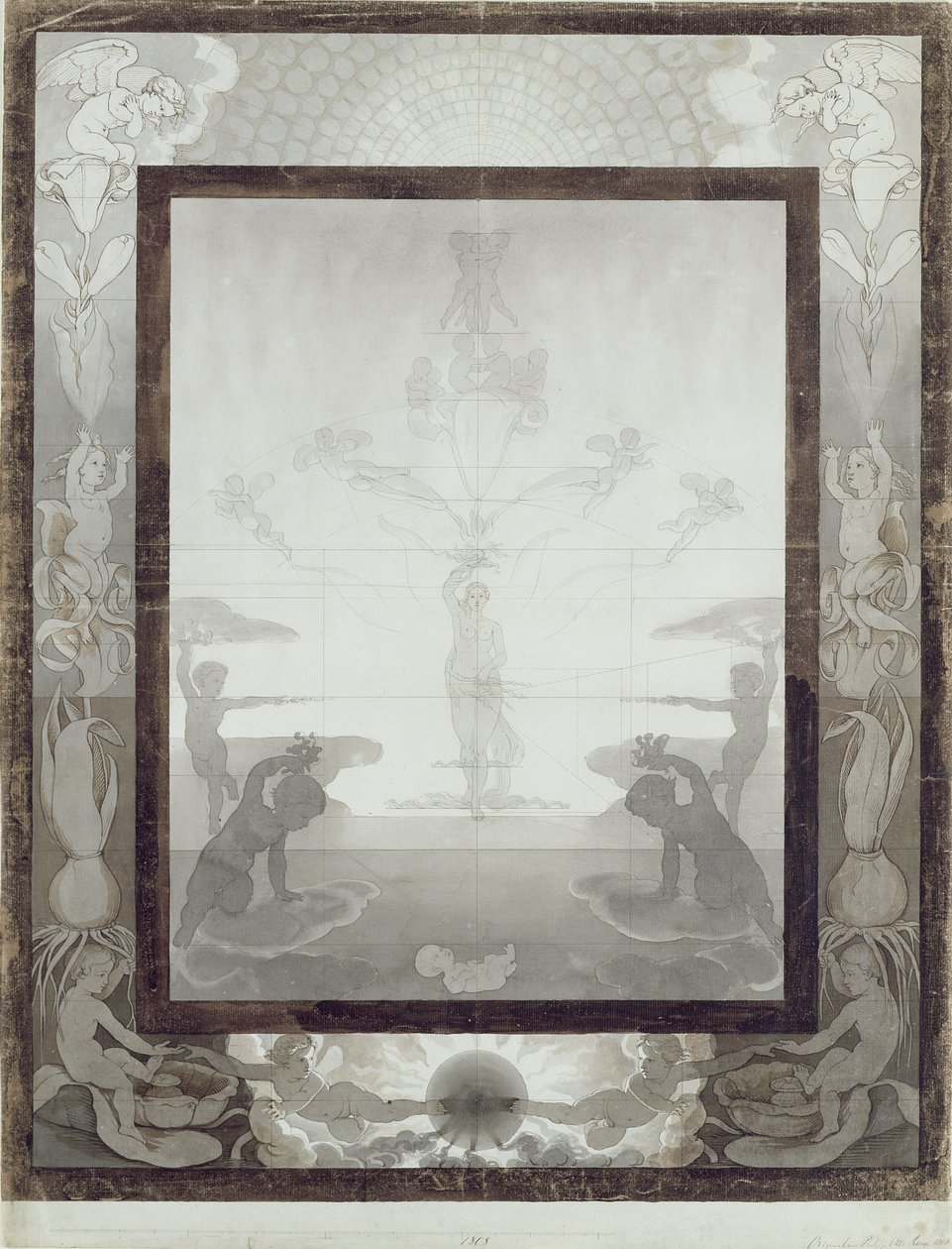 Poranek, 1807 (pióro i pędzel w kolorze brązowym i szarym przemyć ołówkiem na papierze) (zob. 147752) autorstwa Philipp Otto Runge