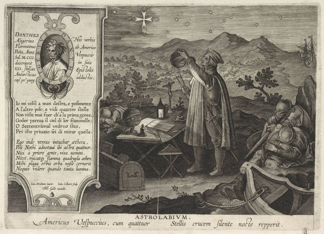Amerigo Vespucci odnajdujący konstelację Krzyża Południa z astrolabium Americae Retectio, 1591 autorstwa Philipp Galle