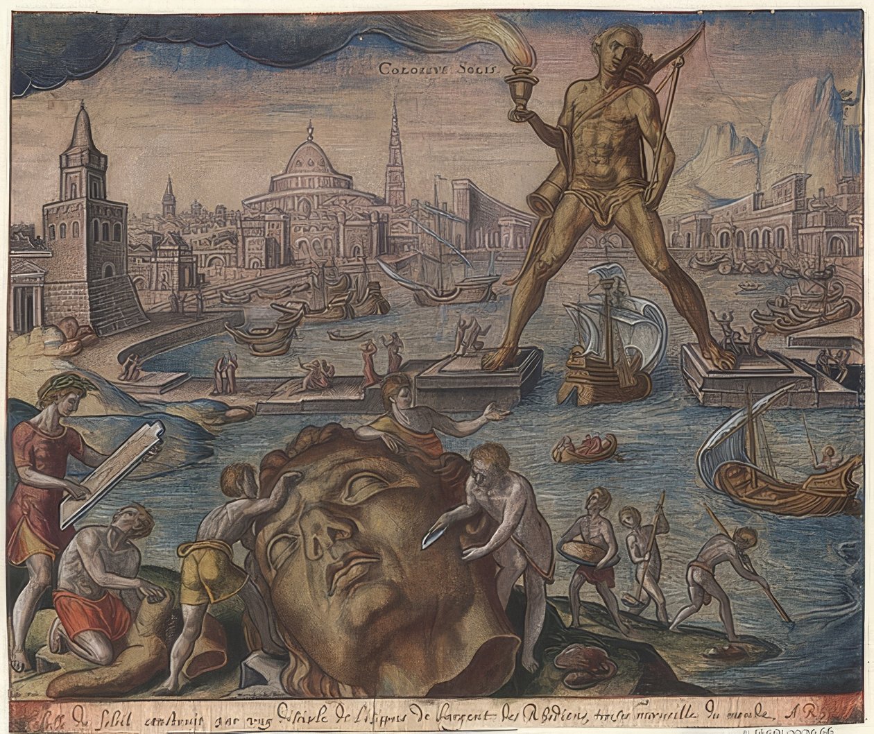 Kolos z Rodos (z sekwencji siedmiu cudów świata). Według Maartena van Heemskercka. 1572 autorstwa Philipp Galle