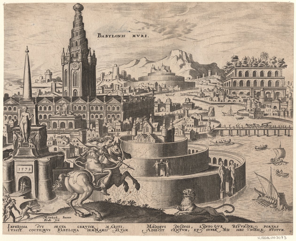Die Mauern von Babylon z serii Ósme cuda świata według Maartena van Heemskercka, 1572 autorstwa Philipp Galle