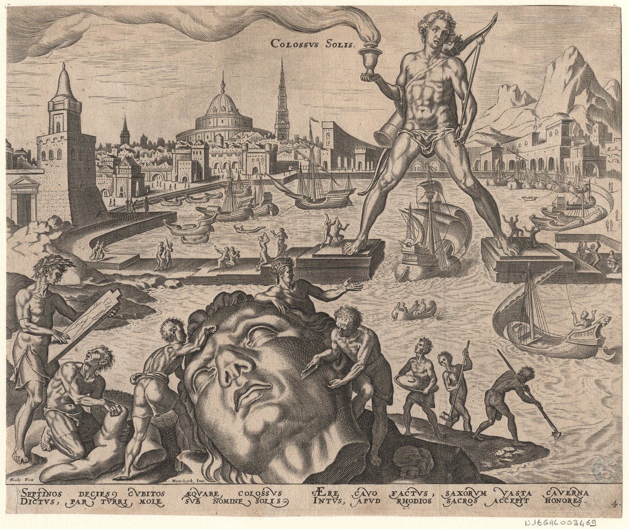 Kolos z Rodos z serii Ósme cuda świata według Maartena van Heemskercka, 1572 autorstwa Philipp Galle