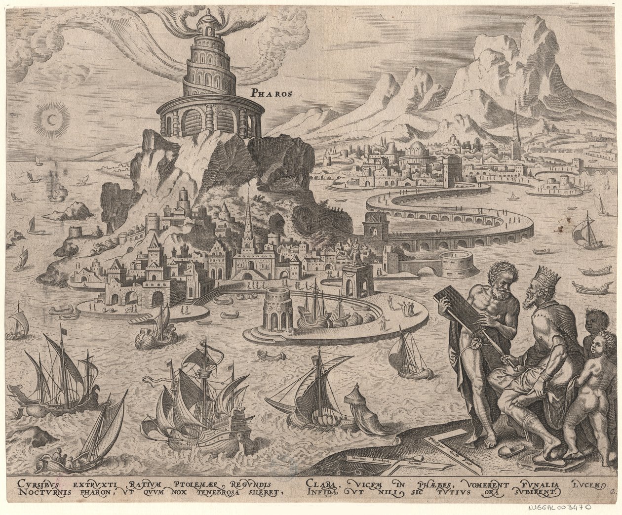 Latarnia morska w Aleksandrii z cyklu Ósme cuda świata według Maartena van Heemskercka, 1572 autorstwa Philipp Galle