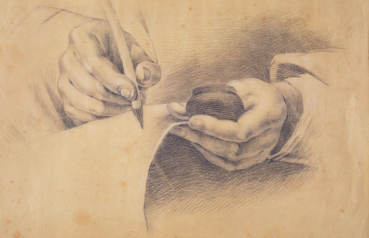 Rysowanie rąk, 1798 (czarna kreda wzmocniona bielą na brązowym papierze) autorstwa Philipp Otto Runge