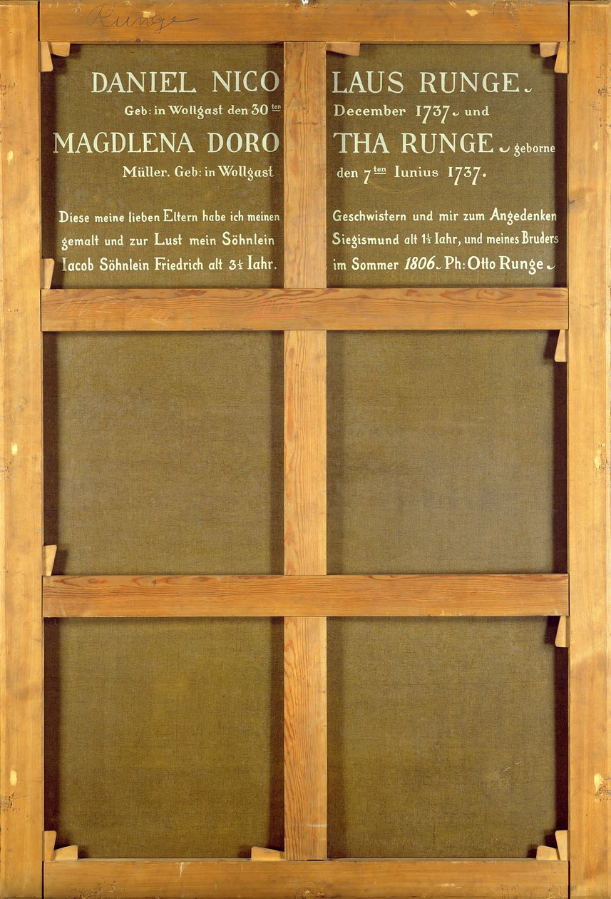 Napis na odwrocie obrazu: "Rodzice artysty", 1806 r. autorstwa Philipp Otto Runge