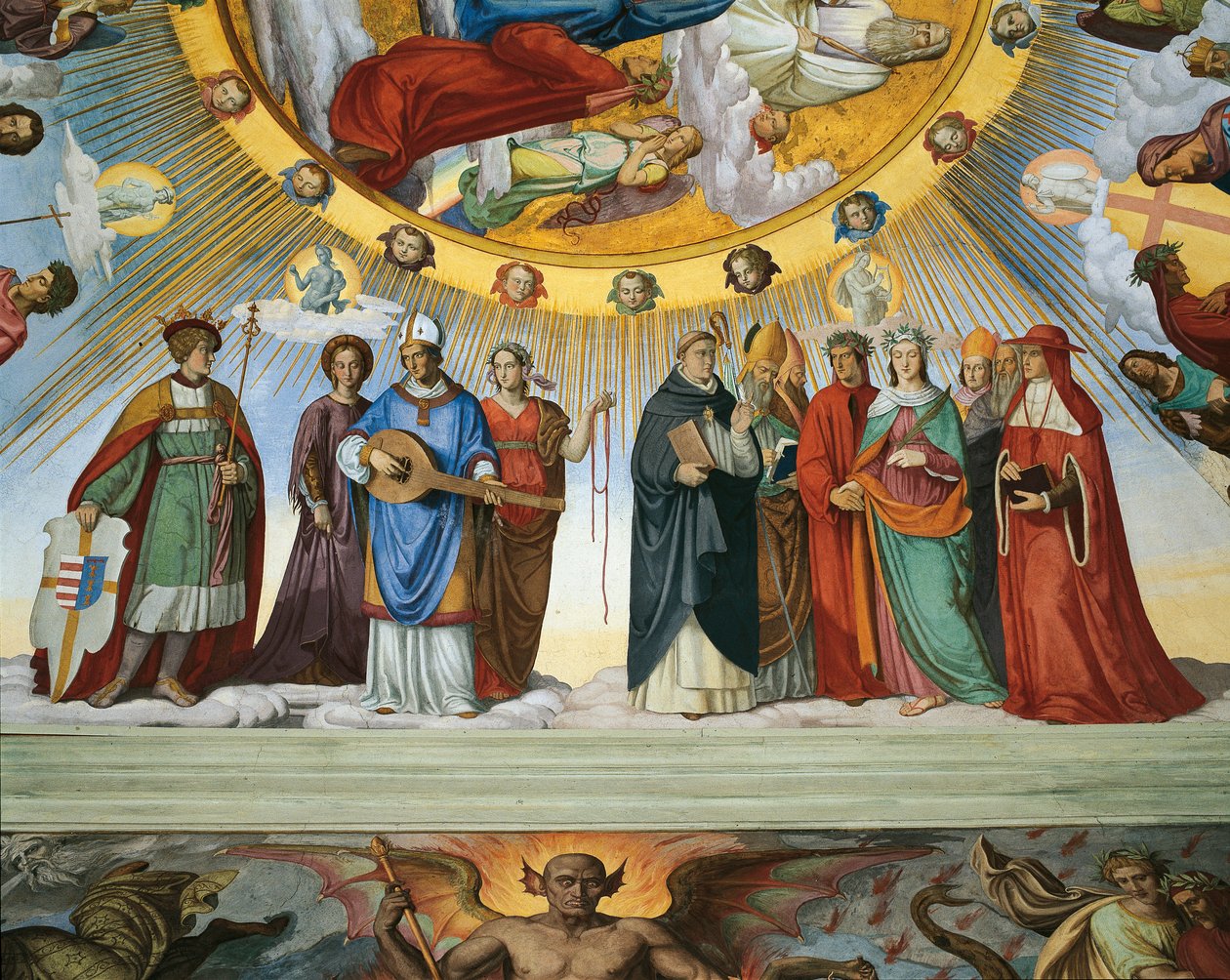Dante i Beatrice rozmawiają z nauczycielami mądrości z „Niebios Błogosławionych i Empiriańskich”, Pokój Dantego (fresk) autorstwa Philipp Veit