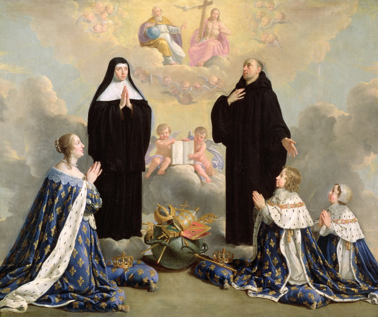 Anna Austriaczka (1601-66) i jej dzieci na modlitwie ze św. Benedyktem i św. Scholastyką, 1646 autorstwa Philippe de Champaigne