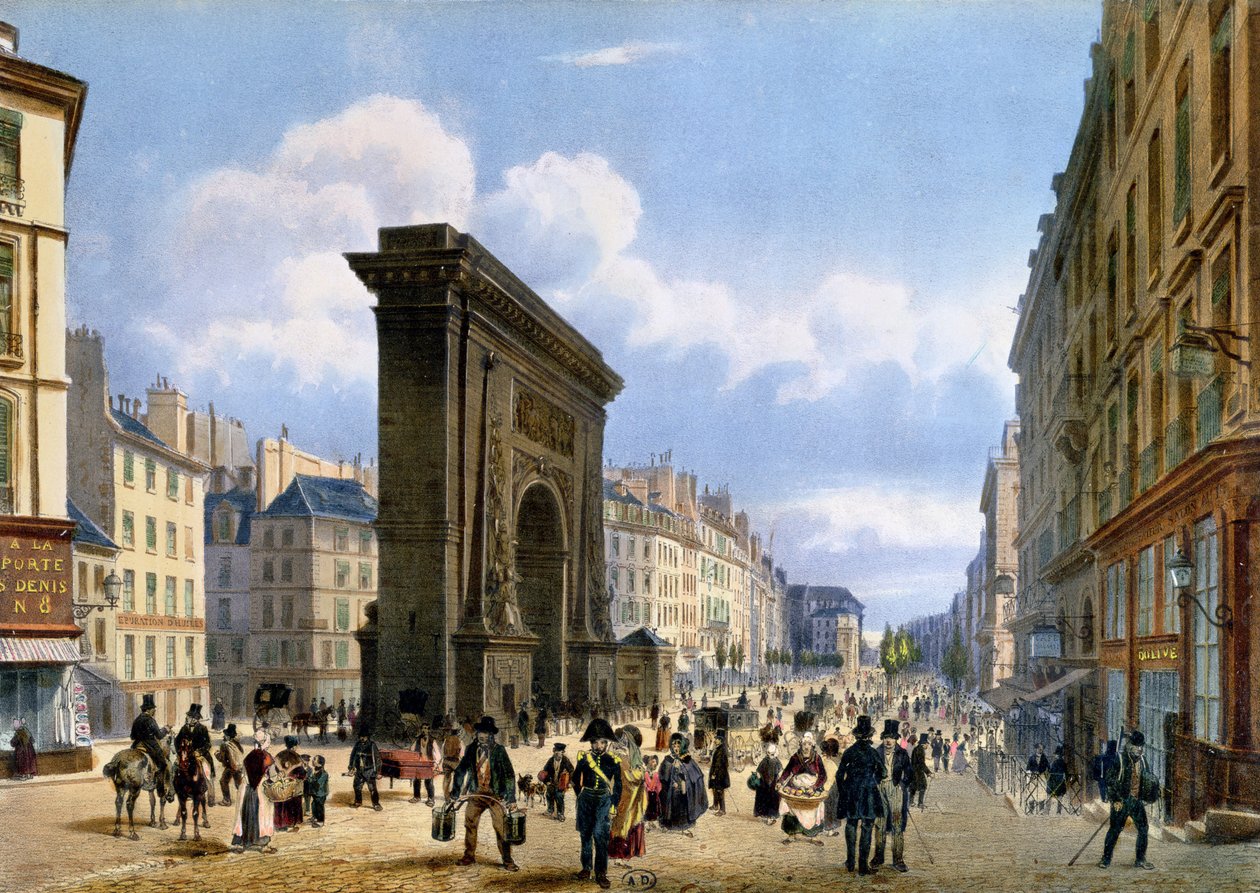 Widok na Porte St. Denis, z „Promenades dans Paris et ses environs”, ok. 1840 autorstwa Philippe Benoist