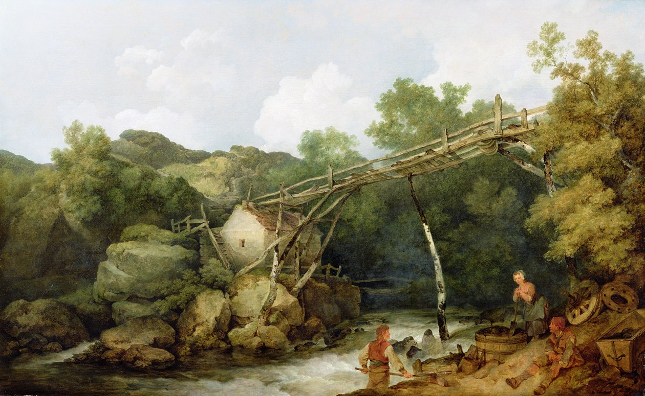 Widok w pobliżu Matlock, Derbyshire z postaciami pracującymi pod drewnianym przenośnikiem, 1785 autorstwa Philippe Jacques de Loutherbourg