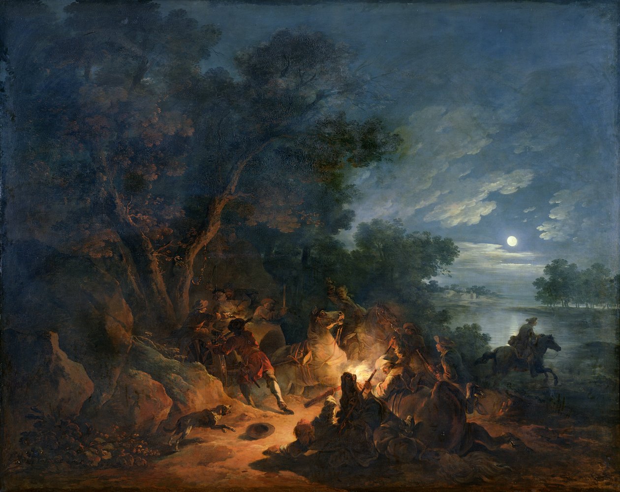Atak złodziei w nocy, ok. 1770 autorstwa Philippe Jacques de Loutherbourg