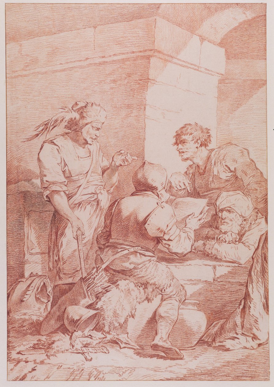 Corps de Garde (Barbarzyńcy pokonani przez księgę) (czerwona kreda na graficie na papierze wykładanym) autorstwa Philippe Jacques de Loutherbourg